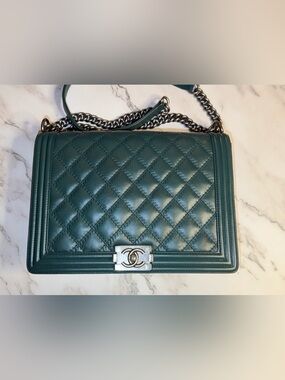 CHANEL Caviar Quilted Large Boy Flap Black in Rare Emerald Green